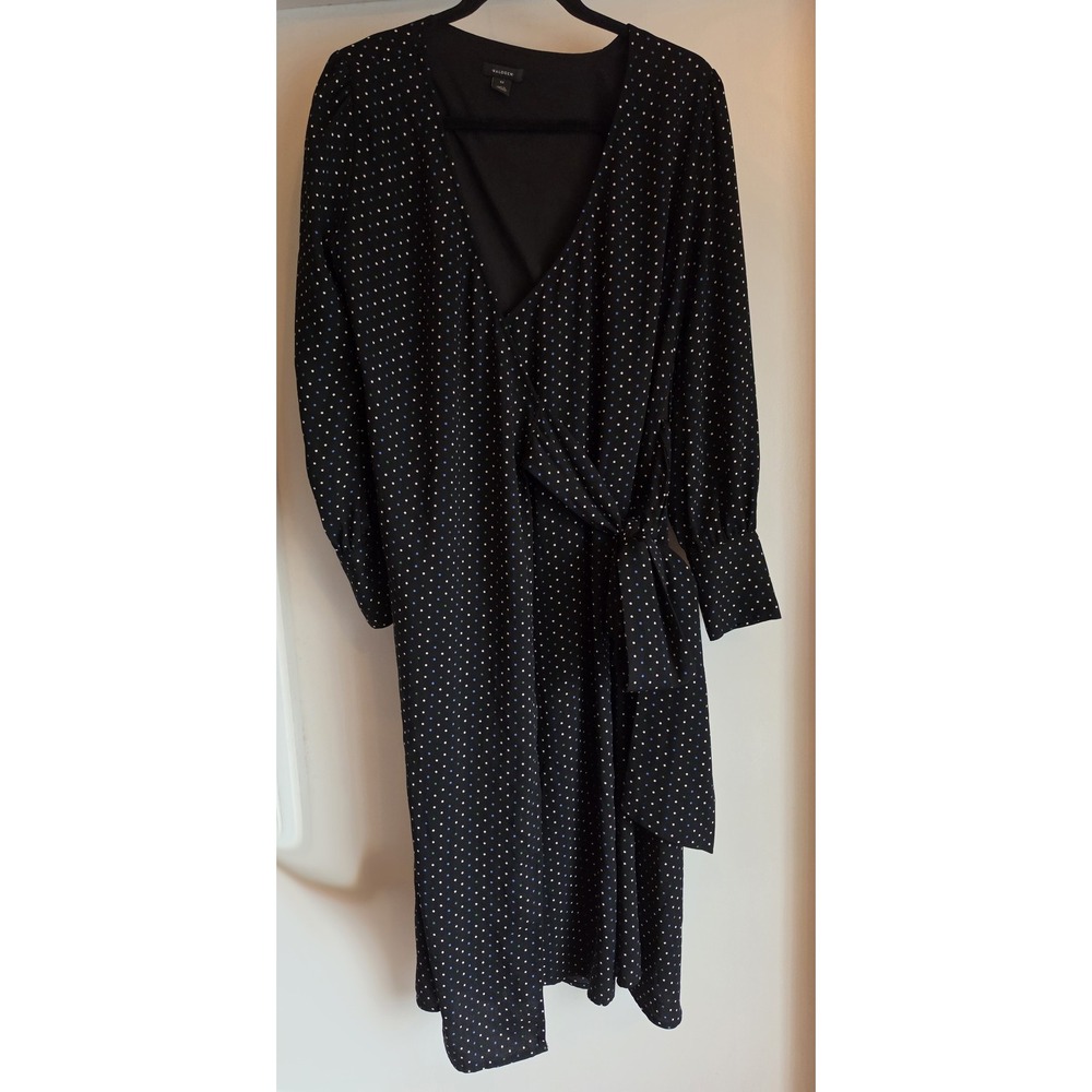 Halogen Wrap Dress XS Polka Dot V-Neck Long Sleeve Casual Black White Blue
